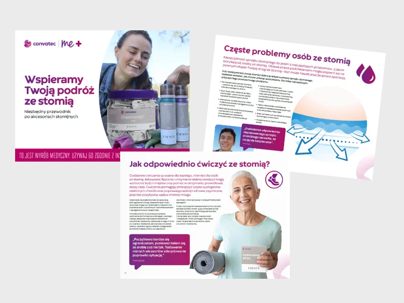 Zrzut ekranu przedstawiający okładkę i fragmenty kilku stron przewodnika po akcesoriach stomijnych