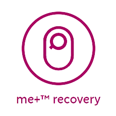 Pink ostomy bag icon with the words 'me+&trade; recovery' below it.